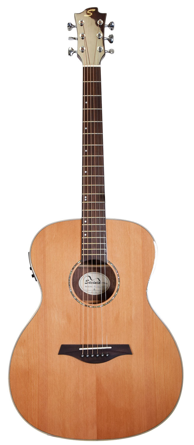Natural wood-finish acoustic guitar with a rounded body, six strings, dark fretboard, and silver tuning pegs; logo "S" on the headstock.