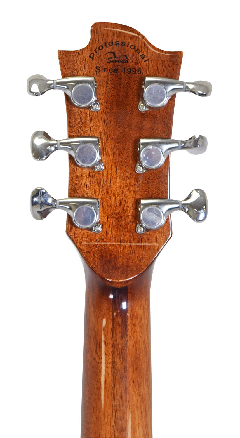 Back of an acoustic guitar headstock showing six chrome tuning pegs on glossy wood, text reads "professional Sequoia Since 1996."