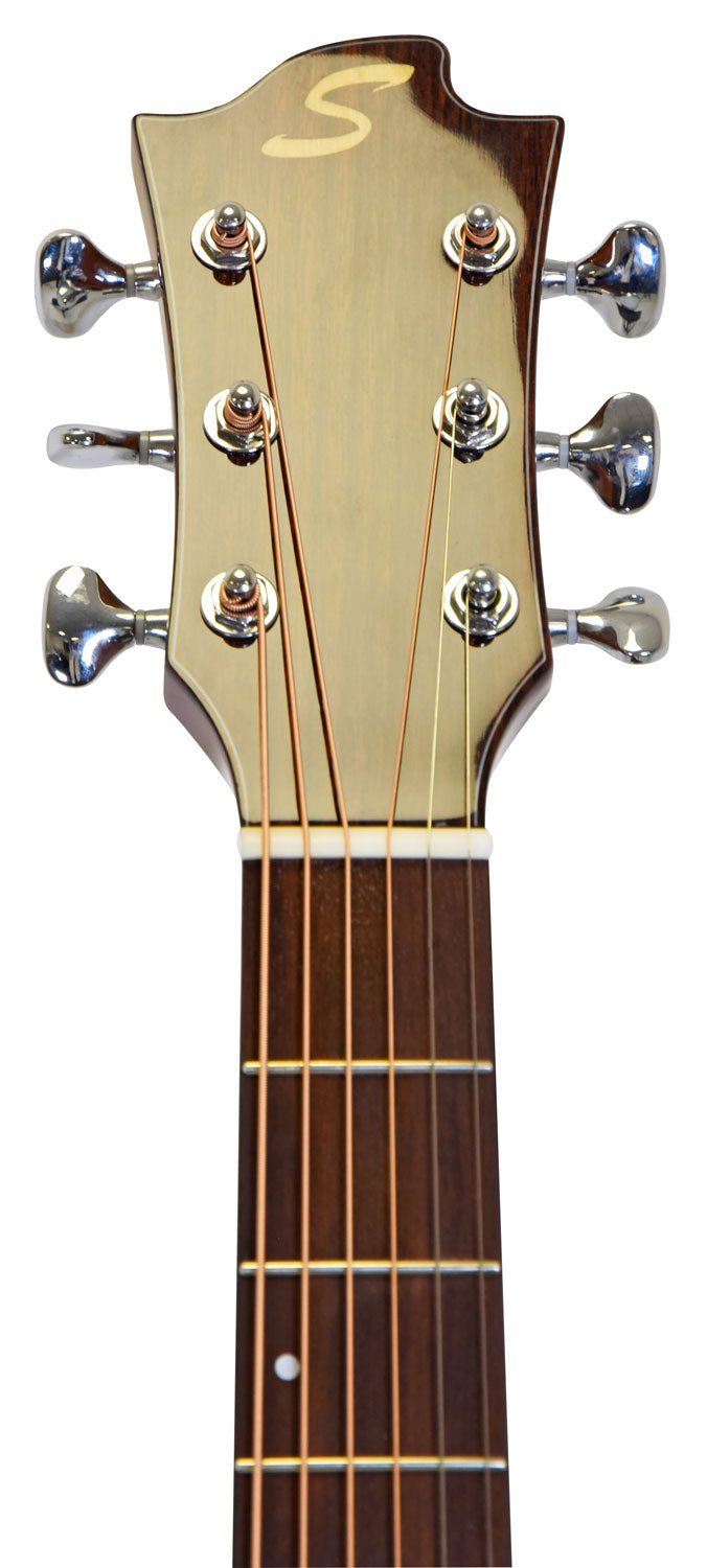 Six metal tuners and strings on a wooden acoustic guitar headstock, featuring a stylized S logo at the top above the nut and fretboard.