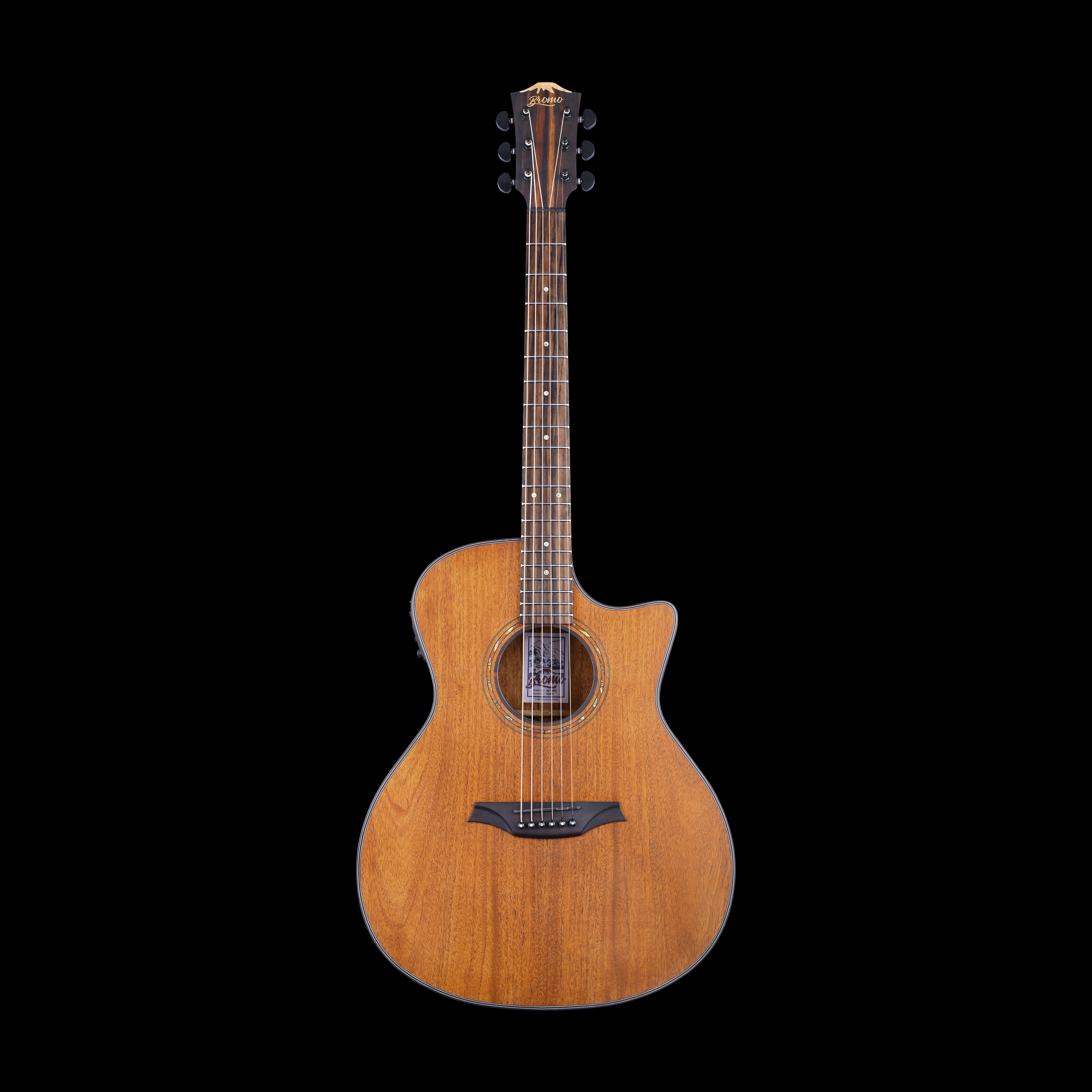 Light brown acoustic guitar with cutaway design, six strings, circular sound hole, and dark wood bridge and fretboard set against a black background.