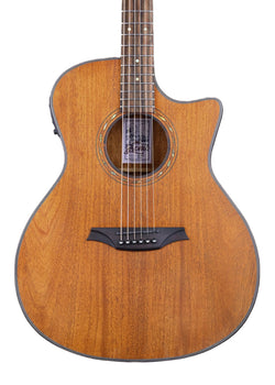 Natural wood acoustic guitar with a cutaway body, six strings, abalone rosette around the sound hole, and a dark wood bridge with white pins.