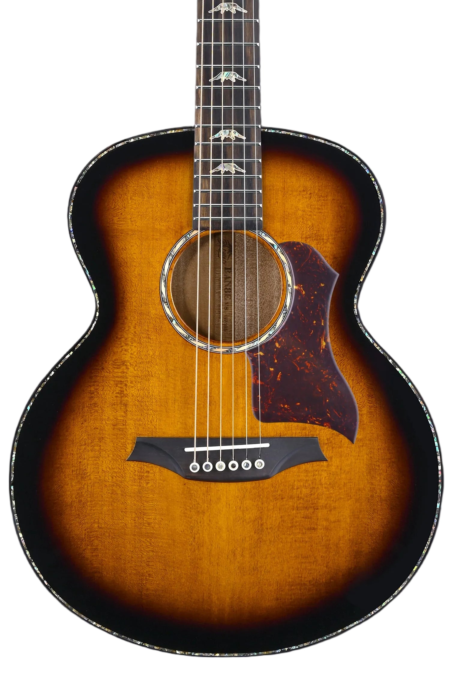Sunburst acoustic guitar with a tortoiseshell pickguard, decorative abalone inlays on the fretboard, and a dark-to-light brown gradient body finish.