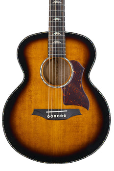 Sunburst acoustic guitar with a tortoiseshell pickguard, decorative abalone inlays on the fretboard, and a dark-to-light brown gradient body finish.