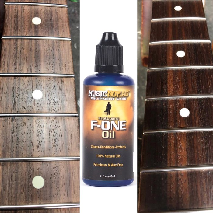 Bottle of F-One fretboard oil is shown between two guitar fretboards: one dry and dull, the other darker and shinier after oil application.