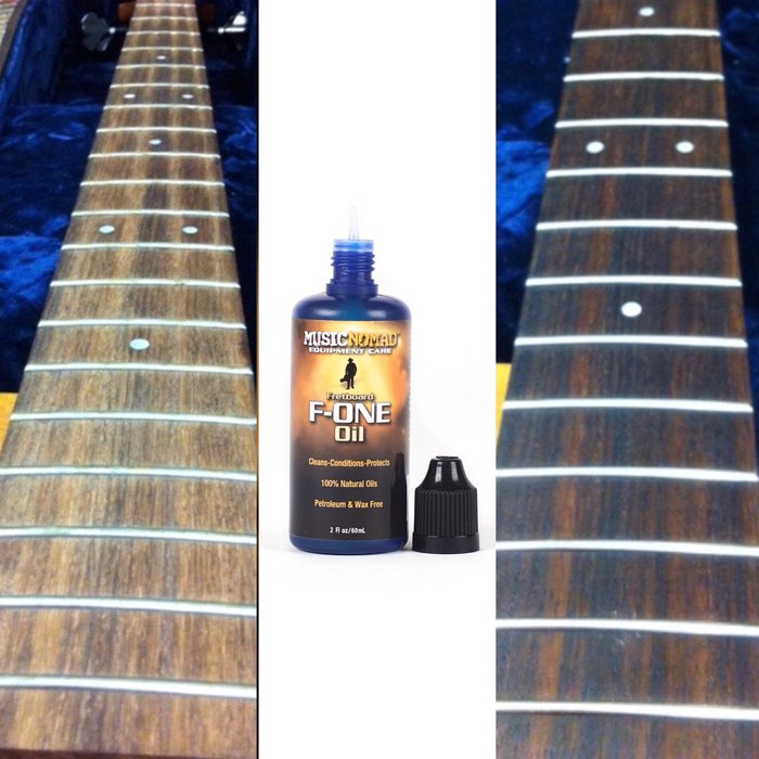 MusicNomad F-One Oil bottle for cleaning and conditioning wooden guitar fretboards, shown next to before-and-after images of fretboard treatment.