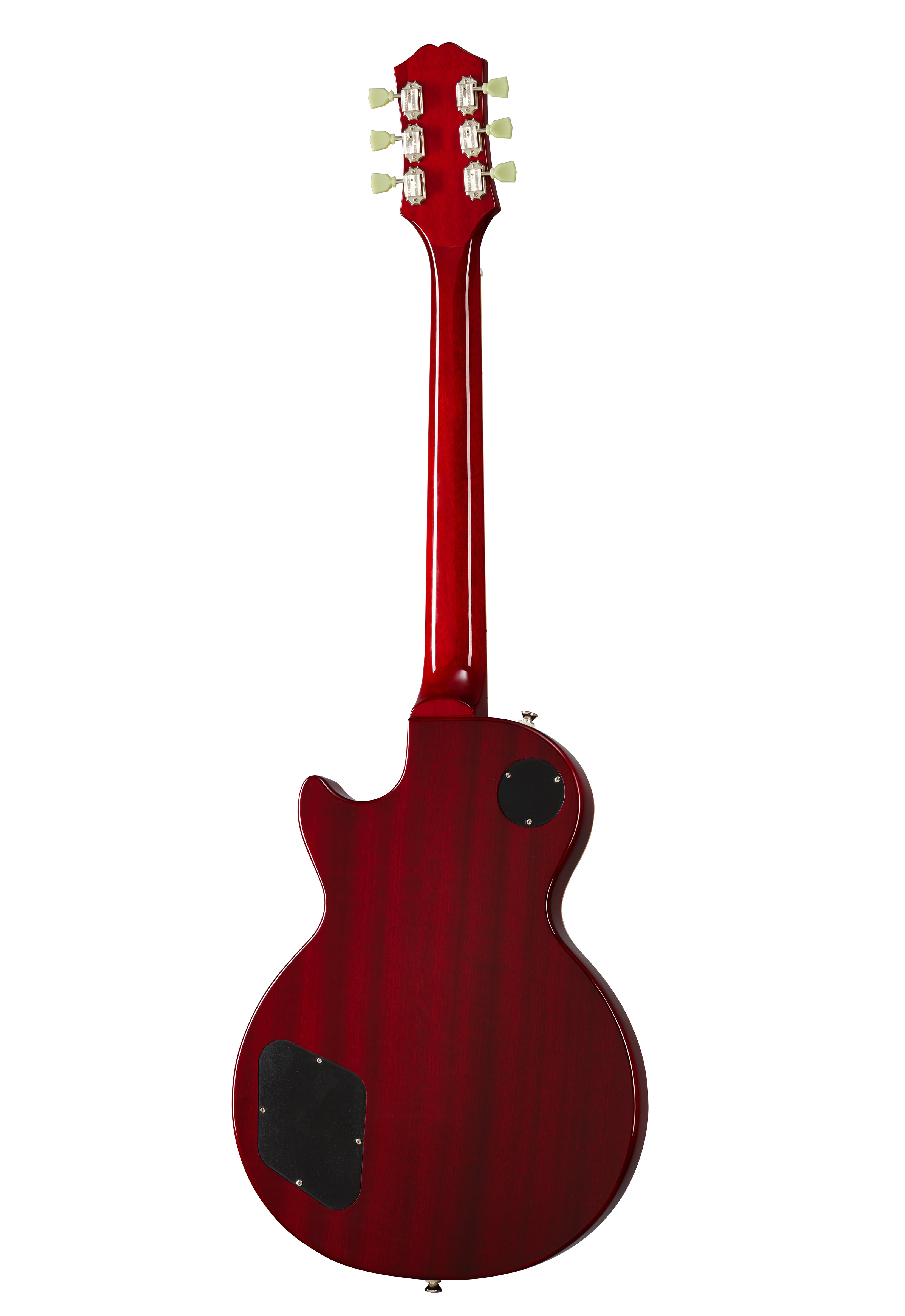 Red electric guitar viewed from the back, showing six tuning pegs, a single cutaway body, and two black plastic cover plates.