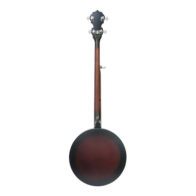 The back of a banjo with a dark sunburst finish, wooden neck, and four tuning pegs on the headstock.