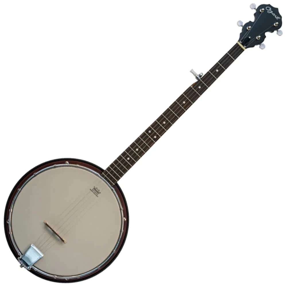 Five-string banjo with a round body, light drum-like head, dark fretboard, and silver tuning pegs.