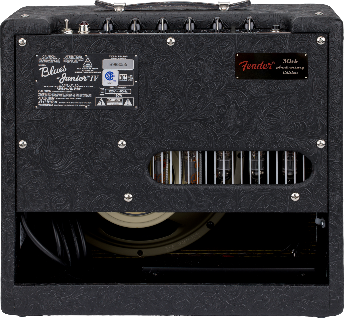 Back of a Fender Blues Junior IV amplifier, 30th Anniversary Edition, with floral-patterned covering, visible tubes, and labeled control panel.