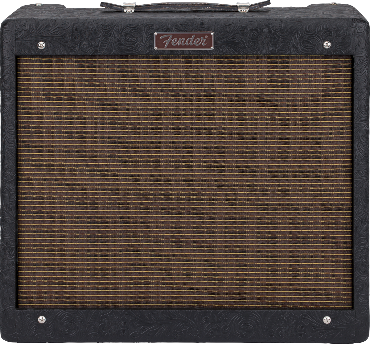 Fender amplifier with a brown, horizontal-striped cloth grill and black textured floral-patterned casing, featuring a top carry handle.