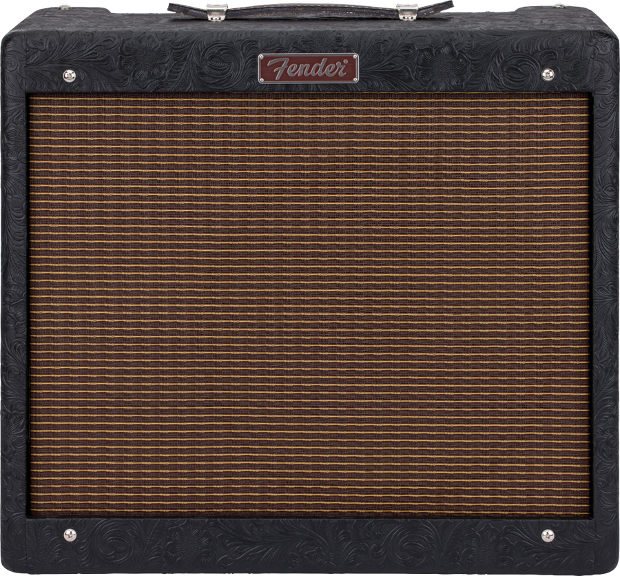 Fender amplifier with a brown, horizontal-striped cloth grill and black textured floral-patterned casing, featuring a top carry handle.