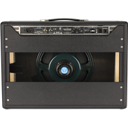 Back view of an amplifier showing a large round speaker in the center and control panel with input, output, and knob connections along the top.