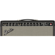 Fender Deluxe Reverb amplifier with black control panel, silver grille cloth, black knobs, and white script logo on the front.