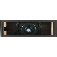 Black amplifier cabinet showing a single large circular speaker in the center with a visible blue center cap and side support details.
