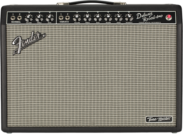 Fender Tone Master Deluxe Reverb guitar amplifier with black casing, silver grille, control knobs, and white logos on the front panel.