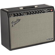 Black Fender guitar amplifier with silver grille, multiple control knobs on top, a handle, and the Fender logo on the upper left.