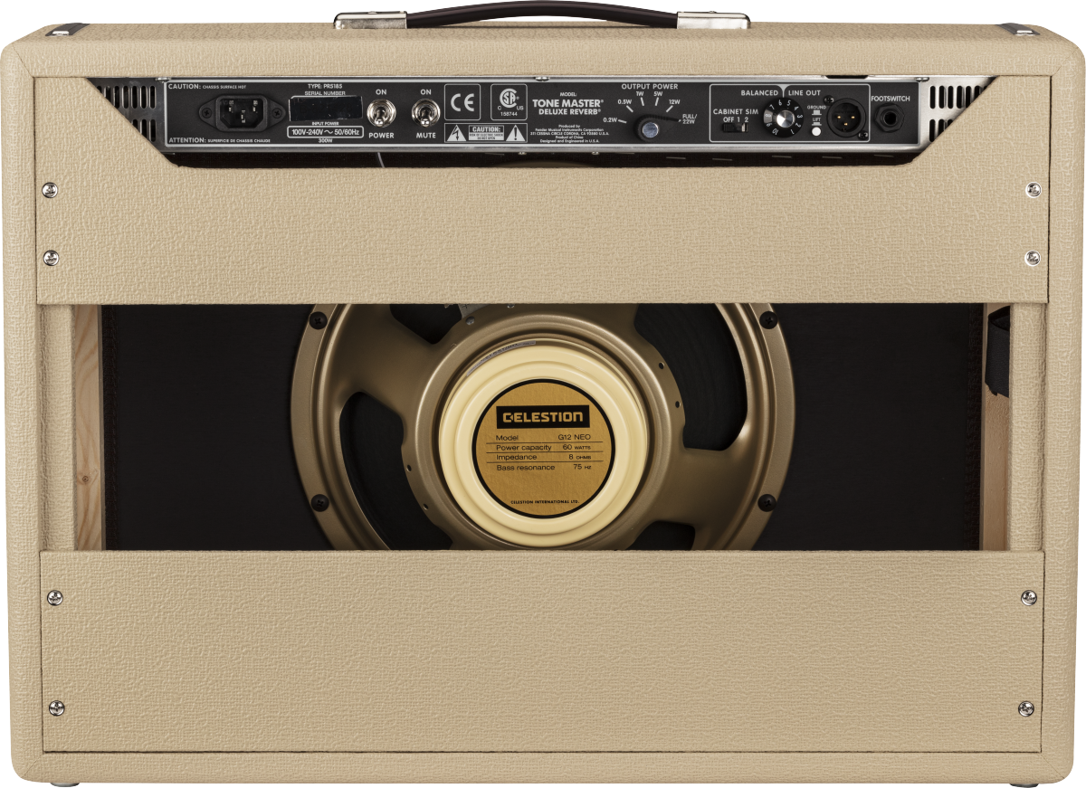 Beige amplifier rear view with visible Celestion G12 NEO speaker, control panel, power switch, balanced line out, and input for footswitch.