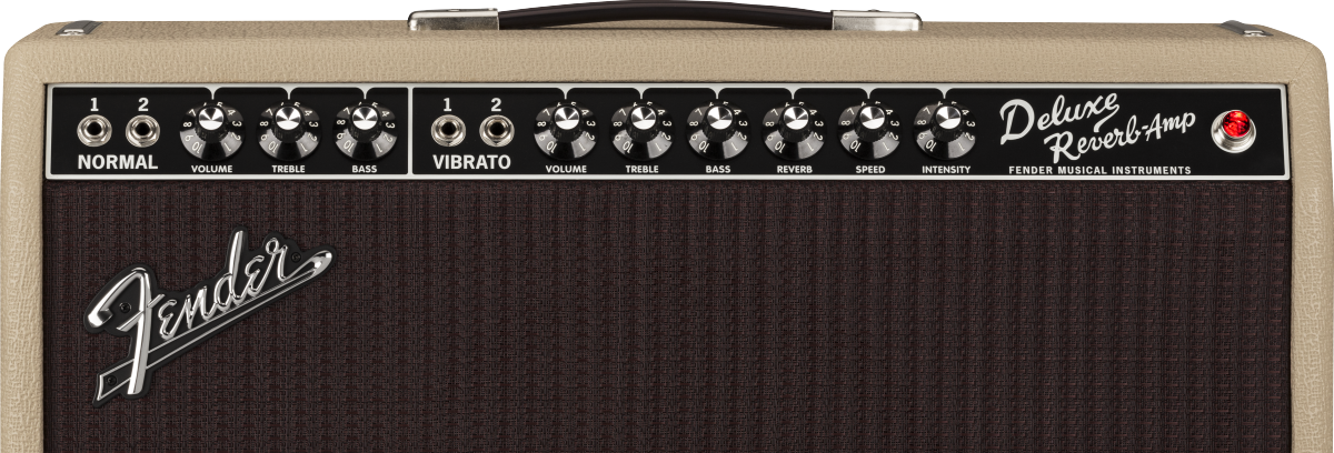 Beige and brown Fender Deluxe Reverb amplifier with two input sections, multiple control knobs, silver logo, and a red power indicator light.