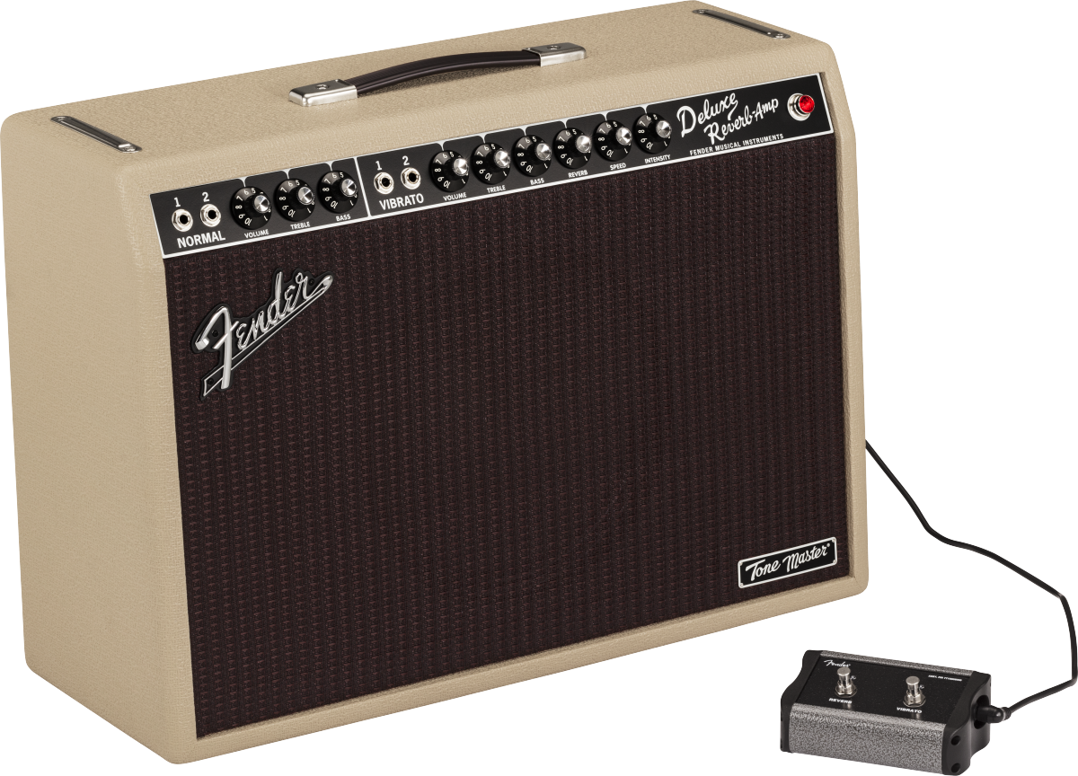 Fender Deluxe Reverb Amp in tan with brown grille, multiple control knobs on top, black footswitch with two buttons connected by a cable.