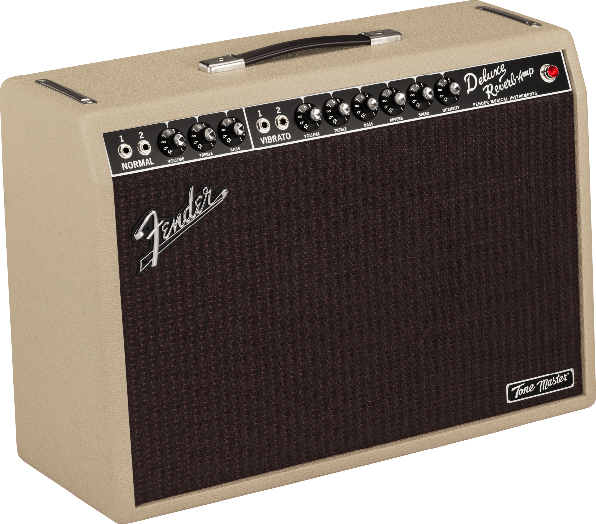 Beige Fender guitar amplifier with brown grille, top control panel has knobs and input jacks, handle on top, labeled Deluxe Reverb Amp and Tone Master.