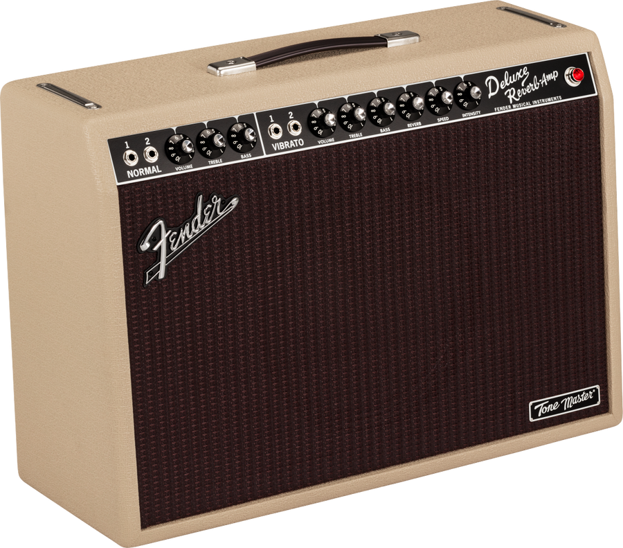 Beige Fender guitar amplifier with brown grille, top control panel has knobs and input jacks, handle on top, labeled Deluxe Reverb Amp and Tone Master.