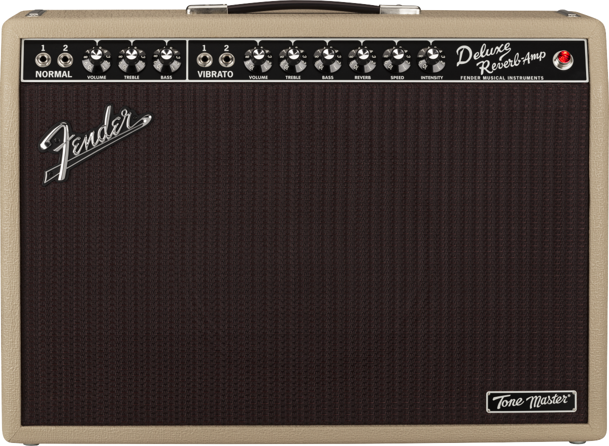 Fender Deluxe Reverb-Amp guitar amplifier with tan sides, dark speaker grille, silver logo, control knobs, and input jacks along the top panel.
