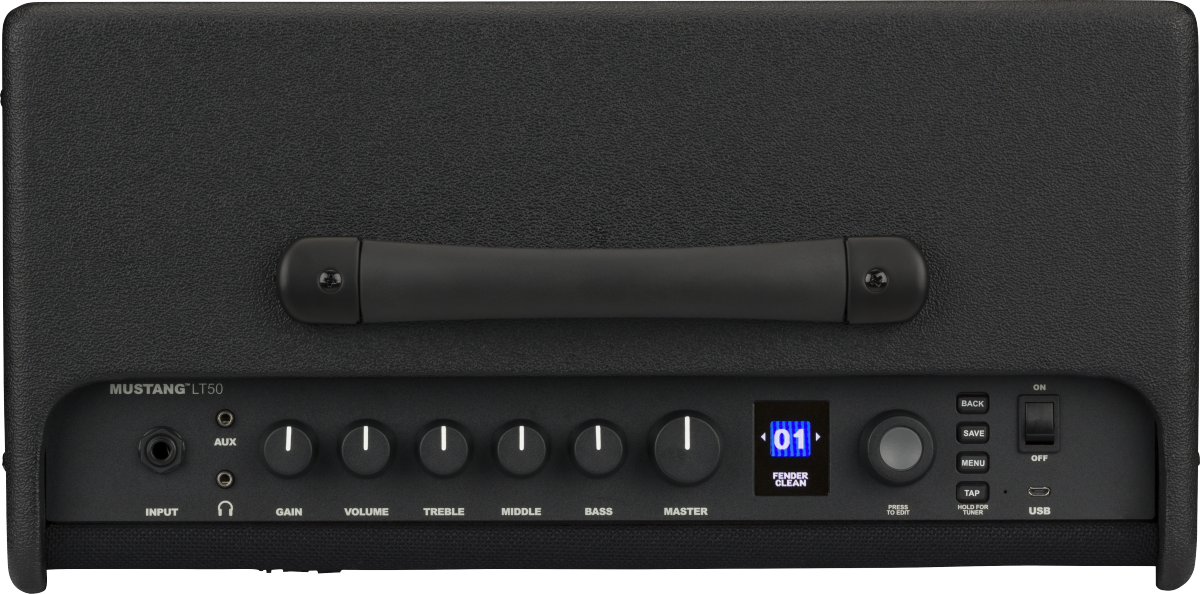 Amplificateur Fender Mustang LT50 noir, vue du dessus montrant poignée, boutons de réglage, entrée jack, écran numérique et interrupteur marche/arrêt.