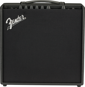 Black Fender guitar amplifier with a textured front grille, silver Fender logo on the top left, and control knobs visible on top.