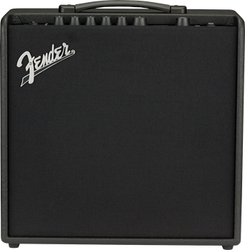 Ampli guitare Fender noir, façade tissu sombre, logo métallique en haut à gauche, boutons de réglage alignés sur le dessus, poignée centrale.