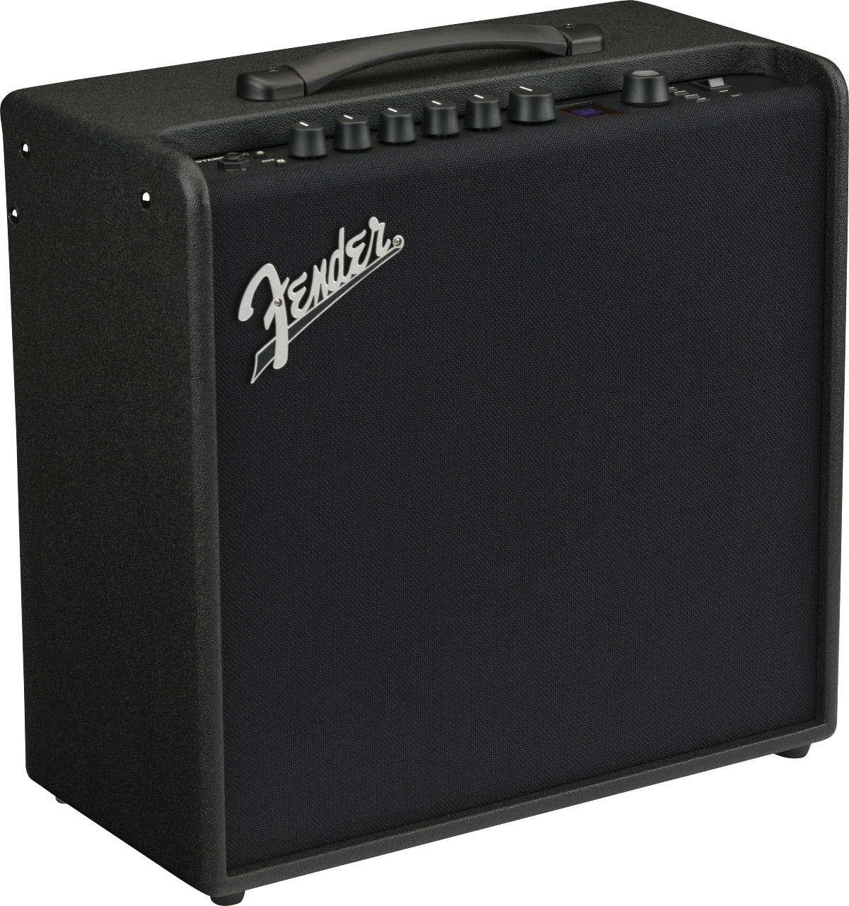 Amplificateur de guitare noir Fender avec poignée sur le dessus et six boutons de réglage alignés sur la face supérieure.