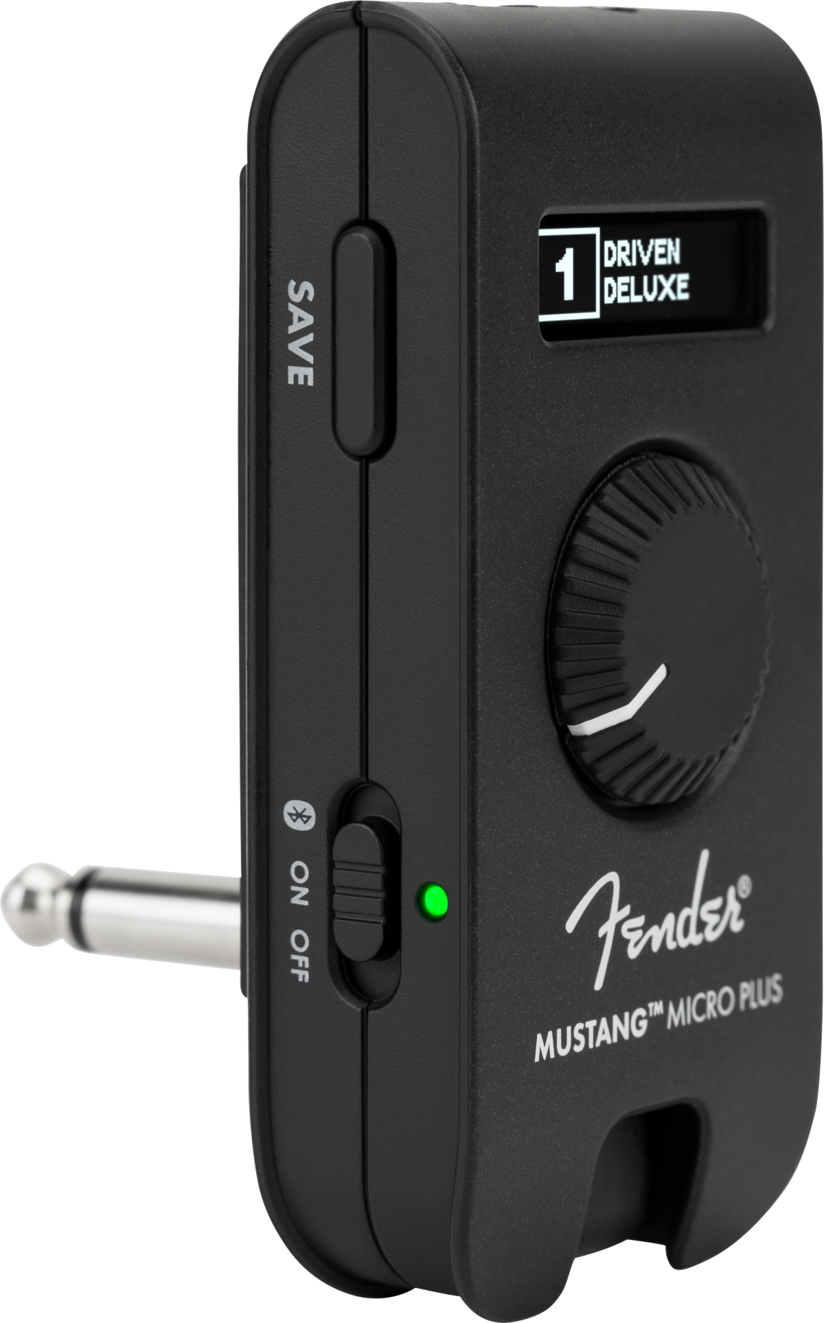 Compact Fender Mustang Micro Plus amplifier with rotary knob, LED indicator, display reading "Driven Deluxe," and 1/4-inch plug for guitars.