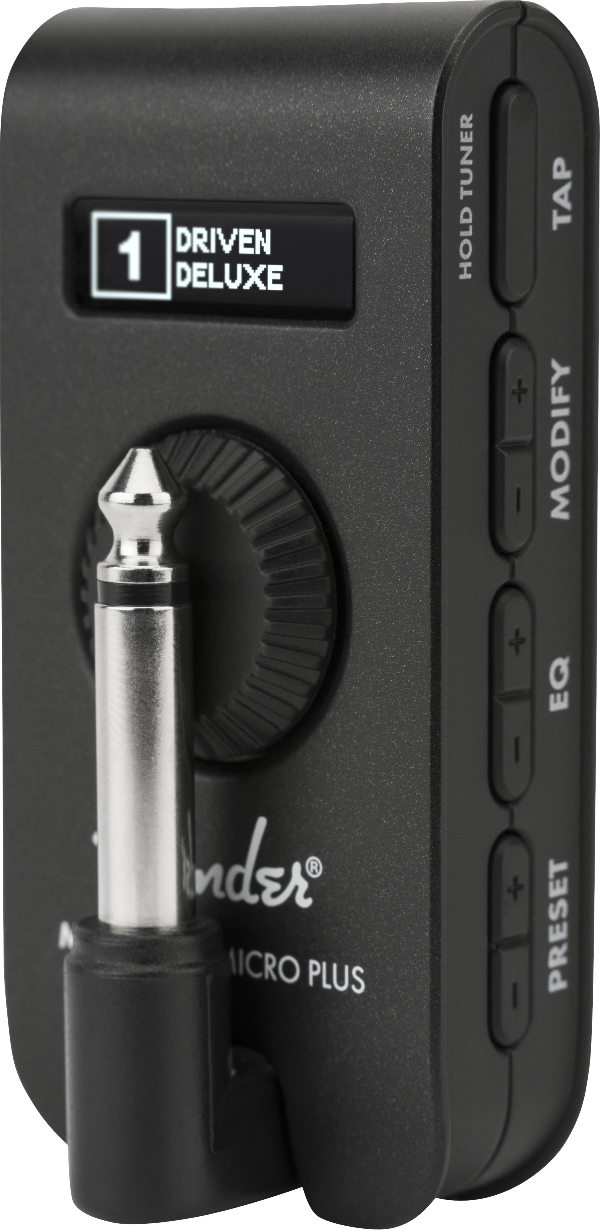 Compact Fender amplifier with a display reading "1 Driven Deluxe," large dial, metal plug, and column of labeled buttons for functions and sound control.
