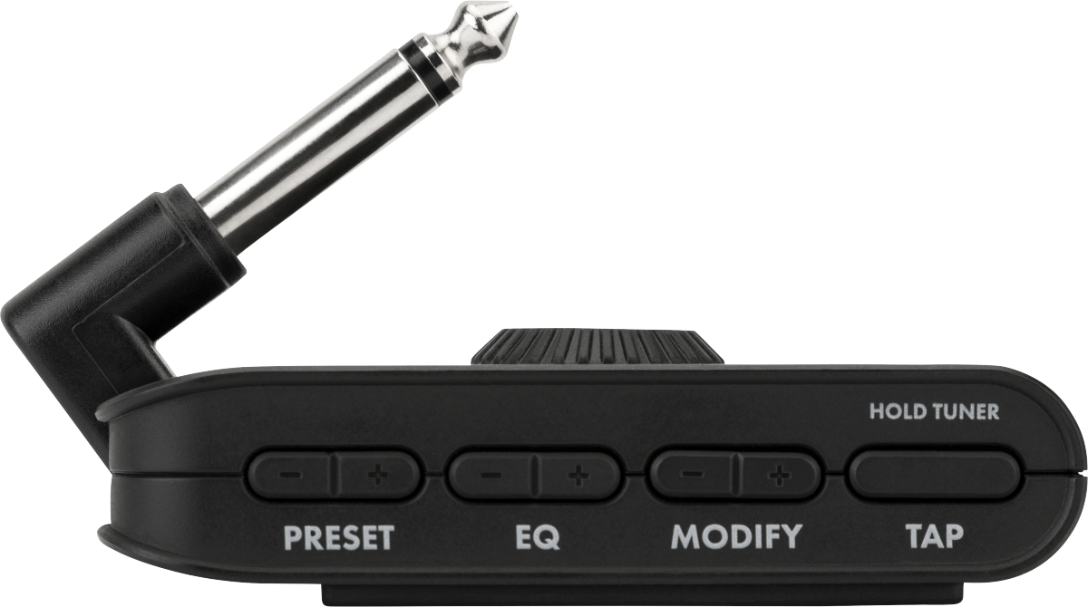 Compact amplifier with a built-in quarter-inch plug, four labeled buttons for preset, EQ, modify, and tap, plus a hold tuner function.