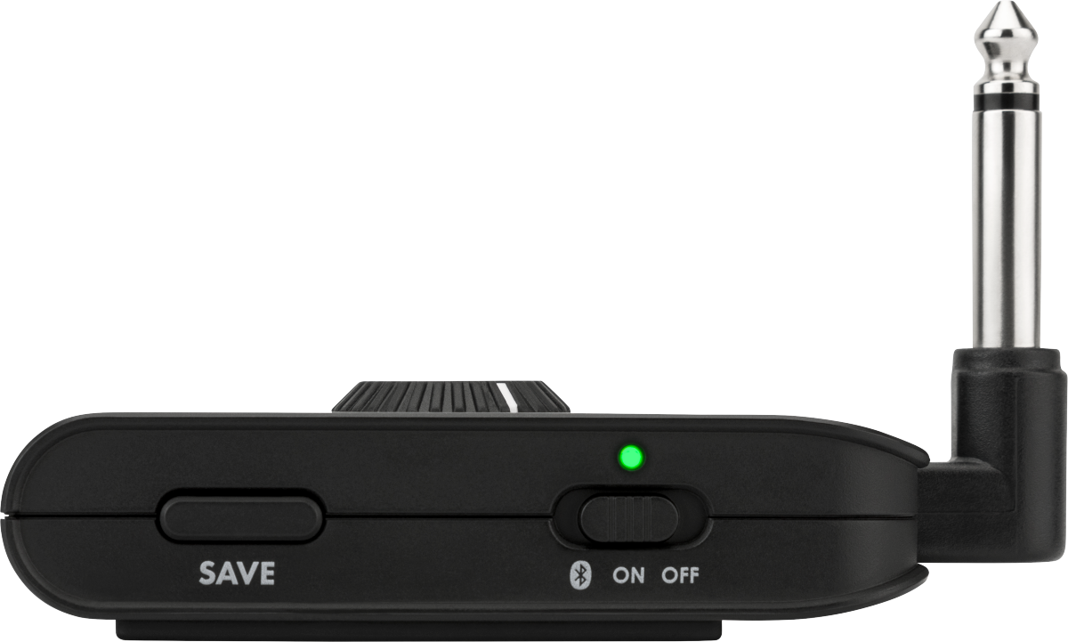 Compact black amplifier with a large side dial, SAVE button, power switch set to ON, glowing green light, and a right-angle metal instrument plug.