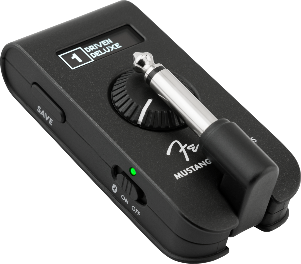 Compact black amplifier with a large dial, input jack, small screen displaying “1 Driven Deluxe,” save button, and on/off Bluetooth switch.