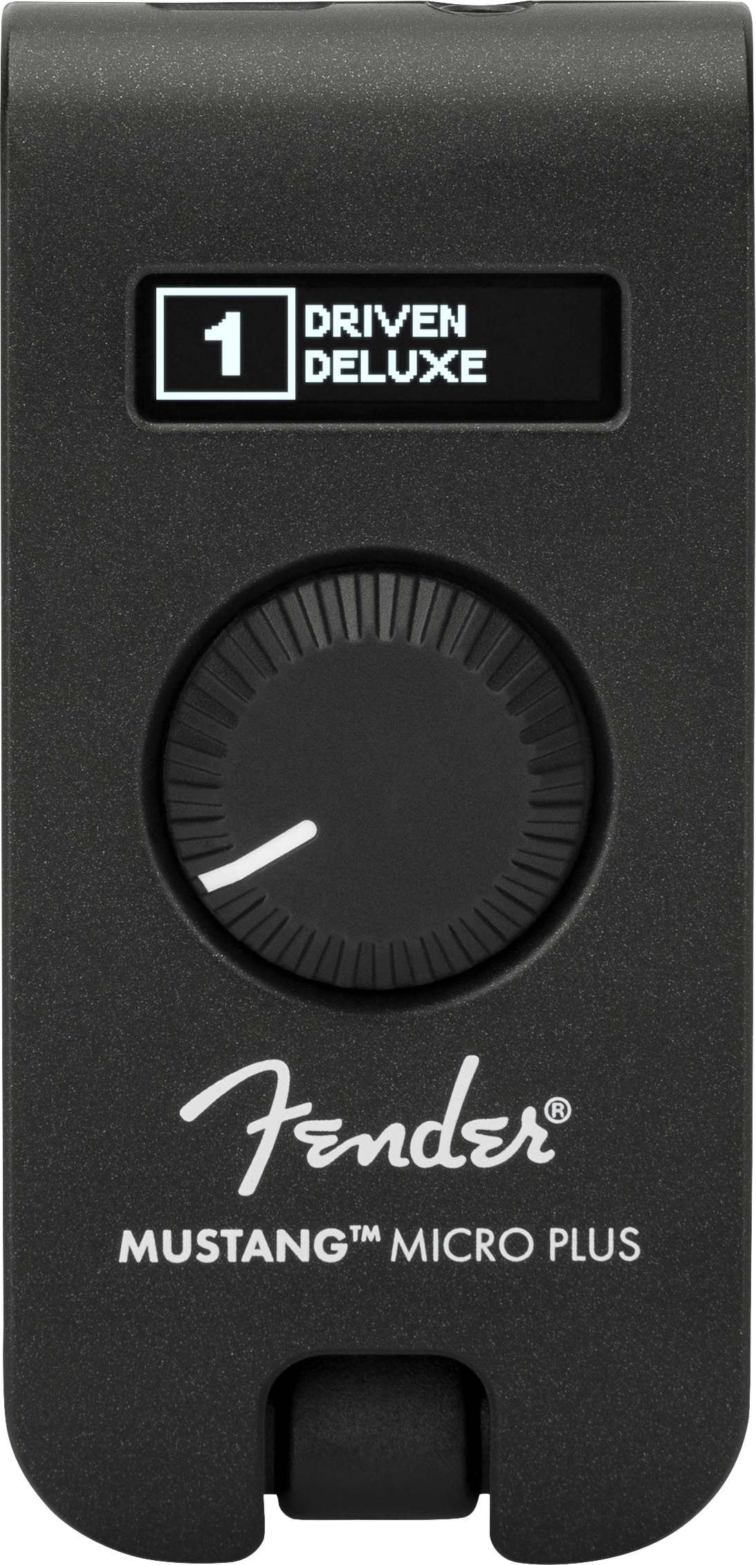 Compact Fender Mustang Micro Plus amplifier shows a digital screen reading "1 Driven Deluxe" above a single large control knob.