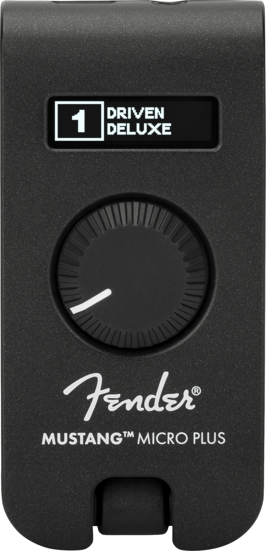 Compact Fender Mustang Micro Plus amplifier shows a digital screen reading "1 Driven Deluxe" above a single large control knob.