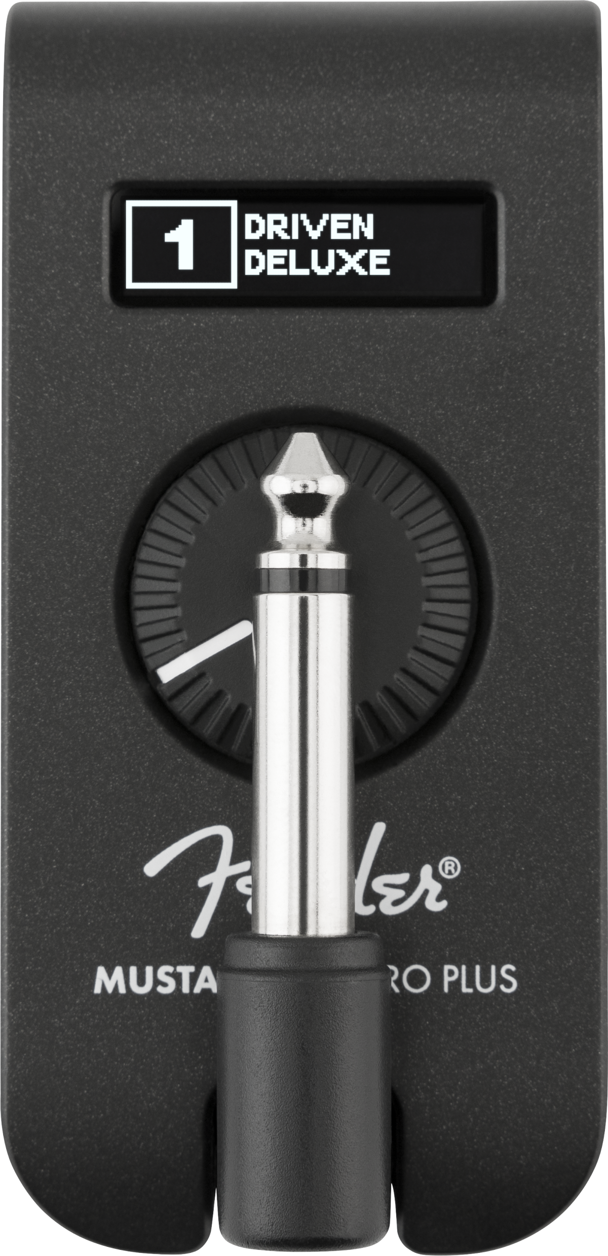 Compact Fender Mustang Micro Plus amplifier with a display reading “1 Driven Deluxe,” a central rotary dial, and a protruding 1/4-inch plug.