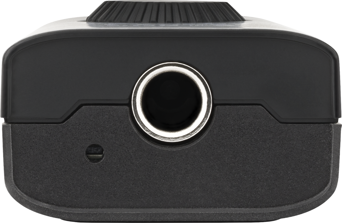 Black audio interface with a large central 1/4-inch input jack and a small circular LED indicator next to it.