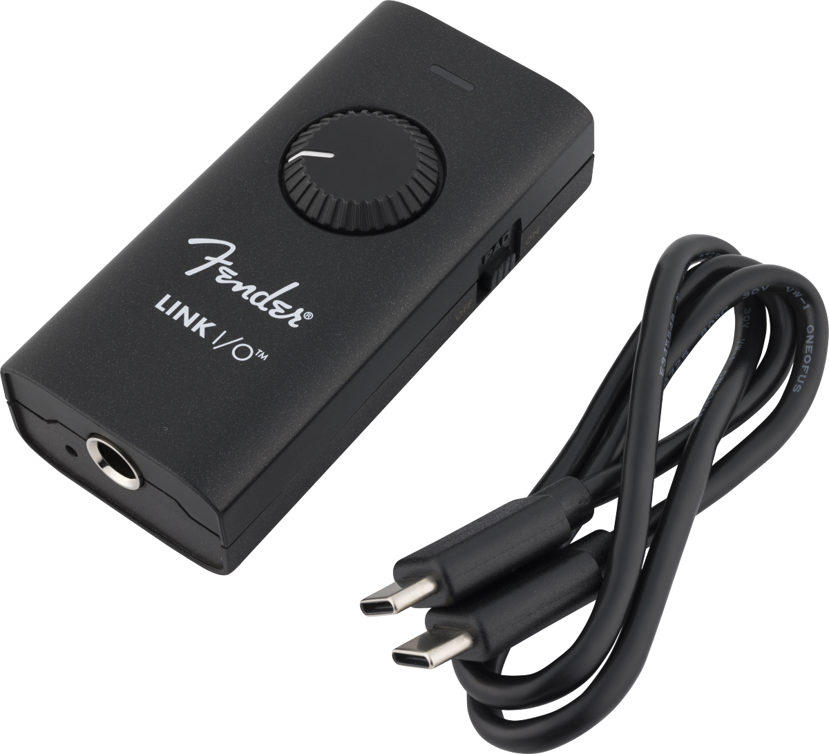Black Fender LINK I/O audio interface with a large central knob, 1/4-inch input, and a USB-C cable beside it.