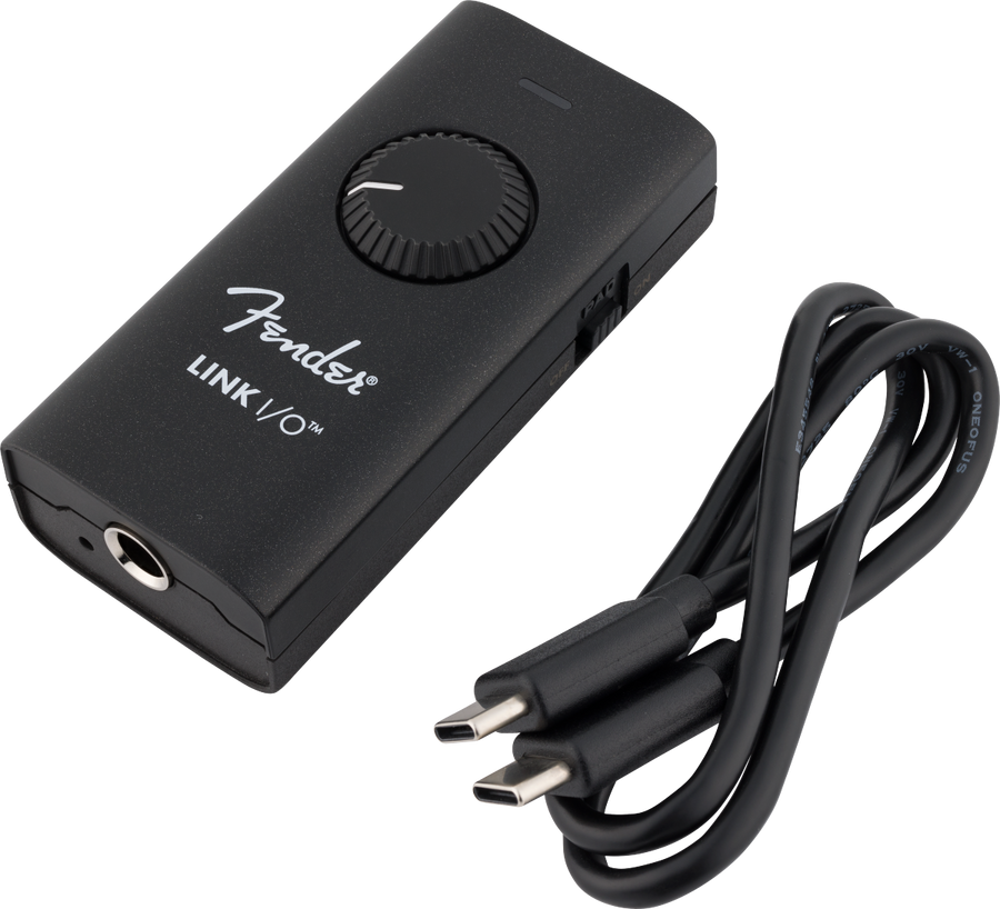 Black Fender LINK I/O audio interface with a large central knob, 1/4-inch input, and a USB-C cable beside it.