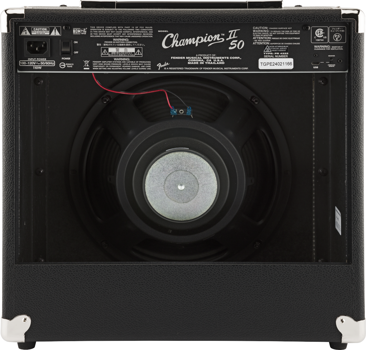 Rear view of a Fender Champion 50 amplifier showing exposed speaker, power input, on/off switch, caution labels, and serial number TGPE24021166.