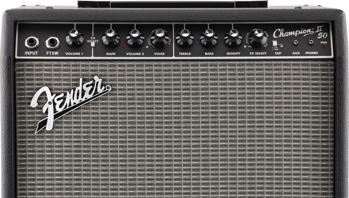 Fender Champion 50XL guitar amplifier with black knobs for gain, volume, tone, effects, and inputs for instrument, footswitch, aux, and headphones.