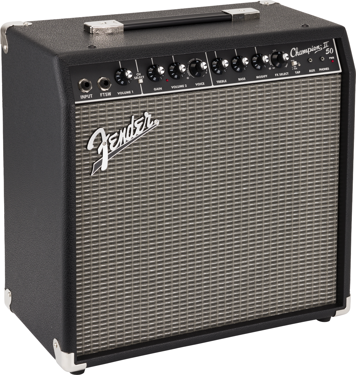Fender Champion 50XL guitar amplifier with black textured case, silver grille, top control panel, knobs, and white Fender logo on front.