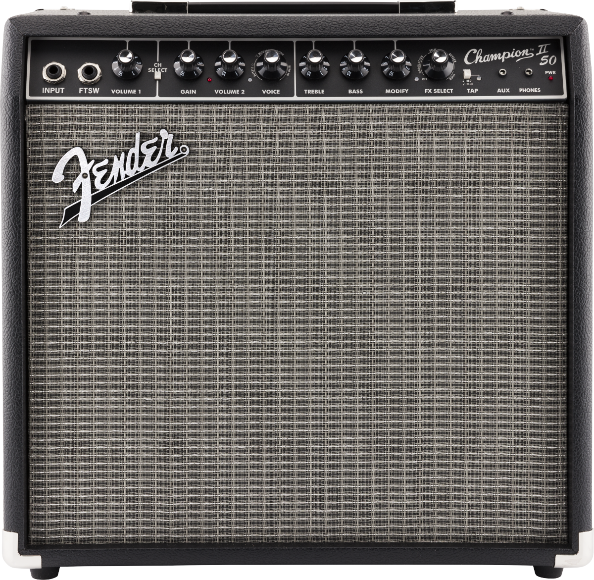Fender Champion 50XL amplifier with black knobs, input jacks, and a silver Fender logo on a woven gray speaker grille.