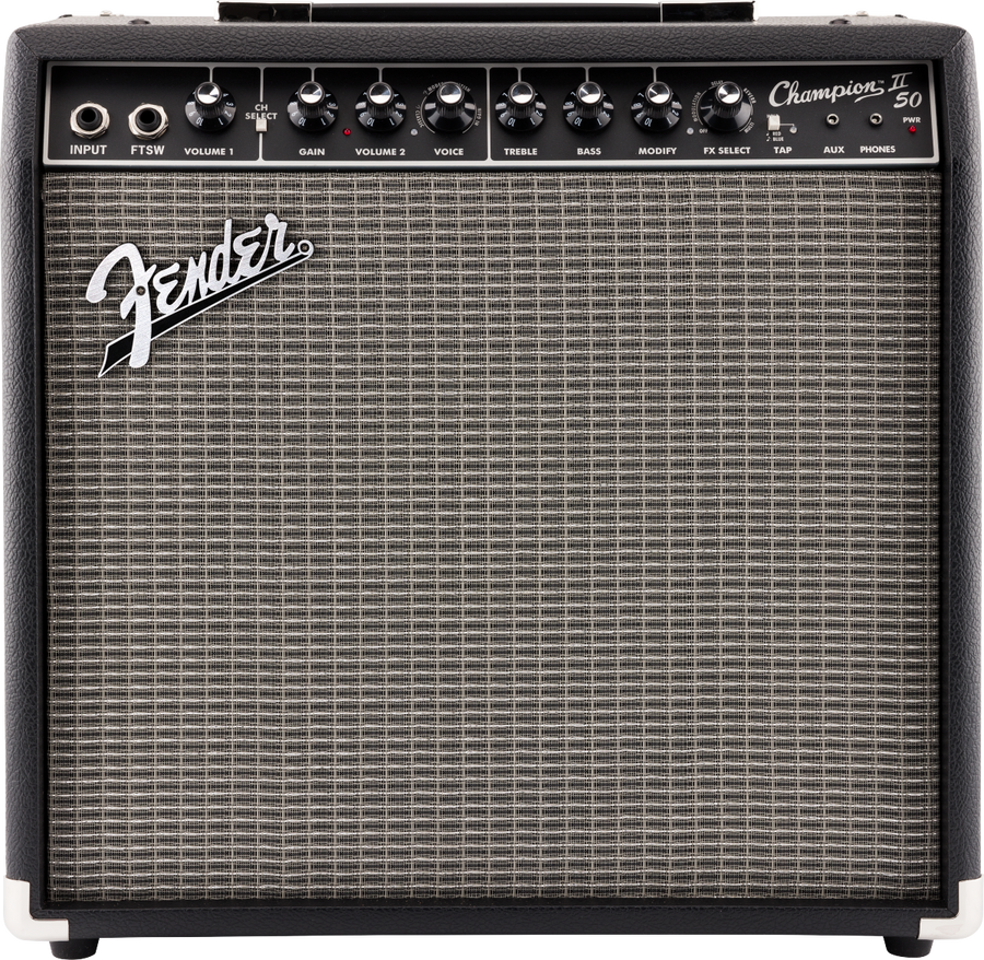 Fender Champion 50XL amplifier with black knobs, input jacks, and a silver Fender logo on a woven gray speaker grille.
