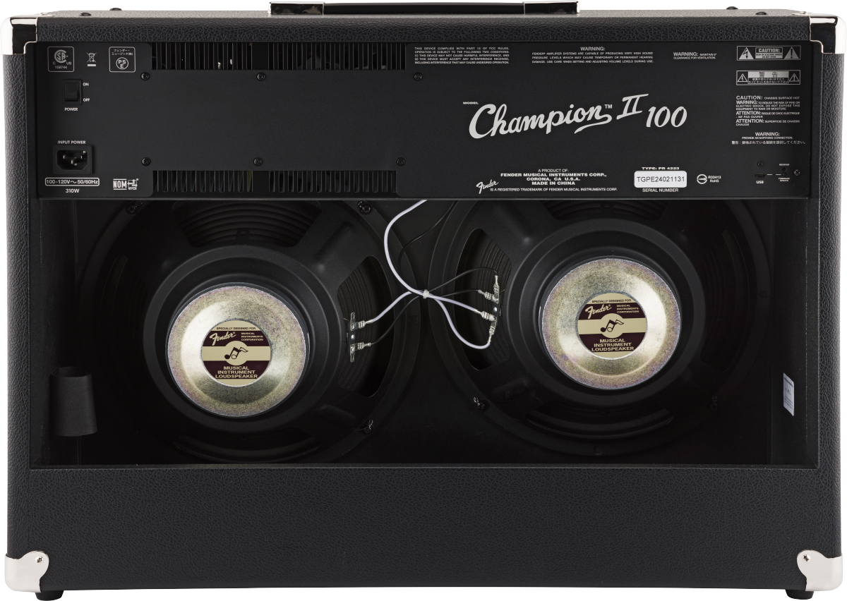 Rear view of a Fender Champion 100 guitar amplifier, showing two large round speakers and wiring inside a black housing.