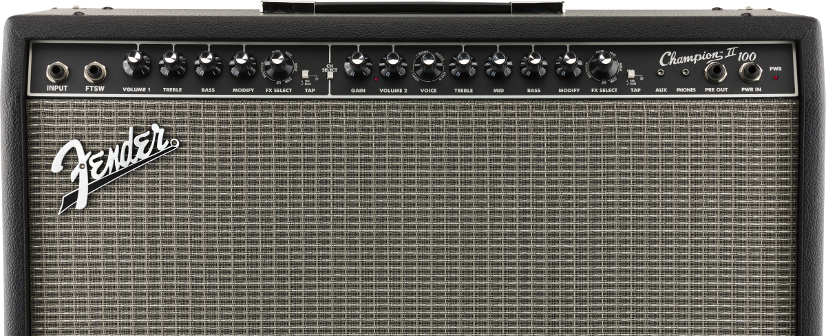 Fender Champion 100 guitar amplifier with two input jacks, multiple knobs for sound control, and a classic silver grille cloth front panel.
