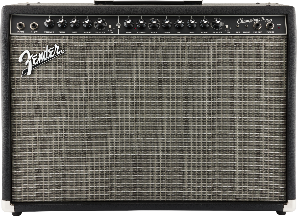 Fender Champion 100 guitar amplifier with a silver grille, black casing, two input jacks, multiple control knobs, and a power indicator light.