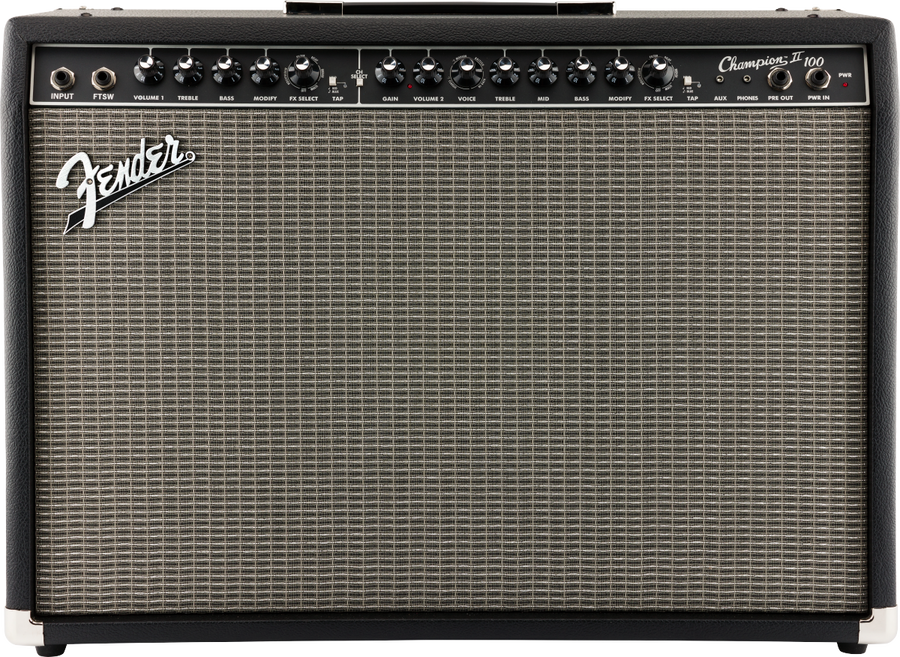 Fender Champion 100 guitar amplifier with a silver grille, black casing, two input jacks, multiple control knobs, and a power indicator light.